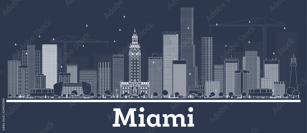 Outline Miami Florida City Skyline with White Buildings.