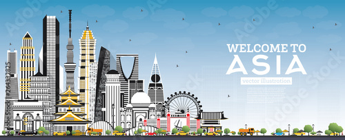 Canvas Print Welcome to Asia Skyline with Gray Buildings and Blue Sky.