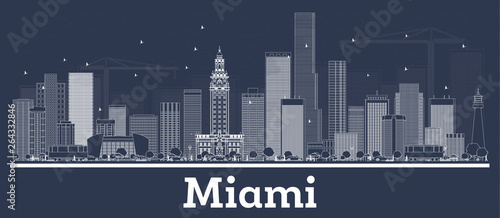 Outline Miami Florida City Skyline with White Buildings.