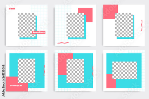Modern minimal square stripe line shape template in turquoise, pink and white color with frame. Corporate advertising template for social media stories, story, business banner, flyer, and brochure.