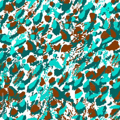 Leopard style spotted vector seamless pattern. Abstract blue, turquoise and brown brushstroke and spots on white background for design, textile, wallpaper, wrapping, cover, carton, print, banner.