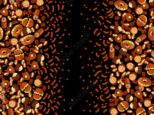 Chocolate candy frame of choco candies on black background. Chocolate candy banner, top view, flat lay with decorative elements. Chocolats candy background