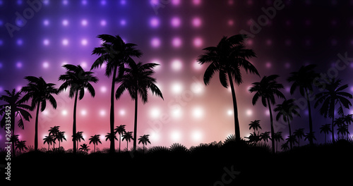 Night landscape with palm trees, against the backdrop of a neon sunset, stars. Silhouette coconut palm trees on beach at sunset. Vintage tone. Space futuristic landscape. Neon palm tree © MiaStendal