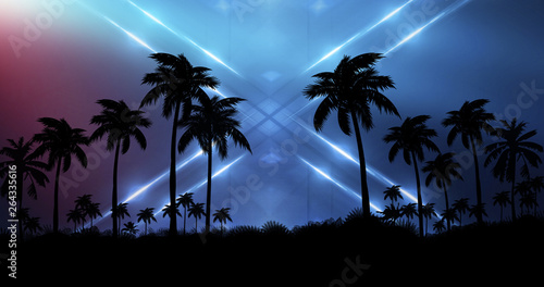 Night landscape with palm trees  against the backdrop of a neon sunset  stars. Silhouette coconut palm trees on beach at sunset. Vintage tone. Space futuristic landscape. Neon palm tree