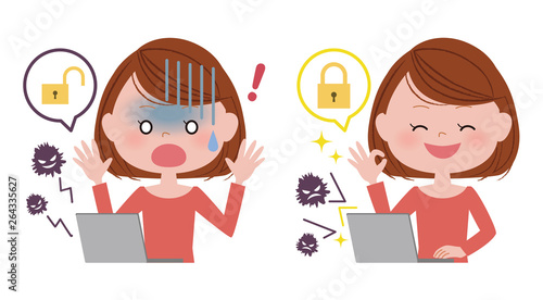 パソコンを操作する女性のイラストセット / ウイルス対策