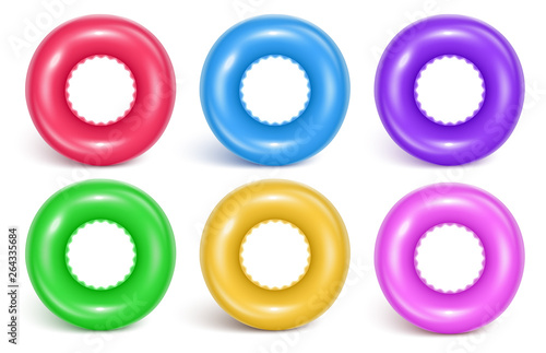 Set of swimming inflatable rings. Inflatable rubber toy for baby  safety. Realistic summer illustration. View from above. Isolated on white background. Vector