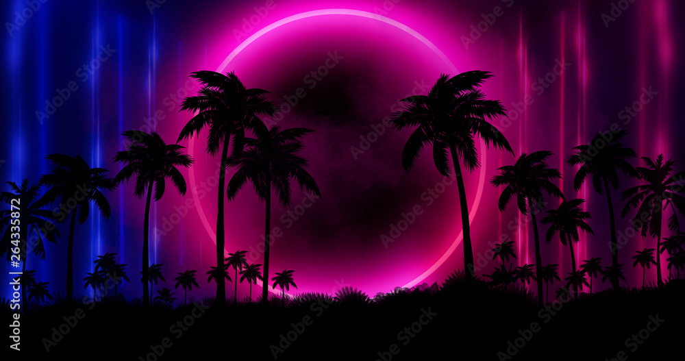 Naklejka premium Night landscape with palm trees, against the backdrop of a neon sunset, stars. Silhouette coconut palm trees on beach at sunset. Vintage tone. Space futuristic landscape. Neon palm tree