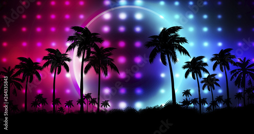 Night landscape with palm trees  against the backdrop of a neon sunset  stars. Silhouette coconut palm trees on beach at sunset. Vintage tone. Space futuristic landscape. Neon palm tree