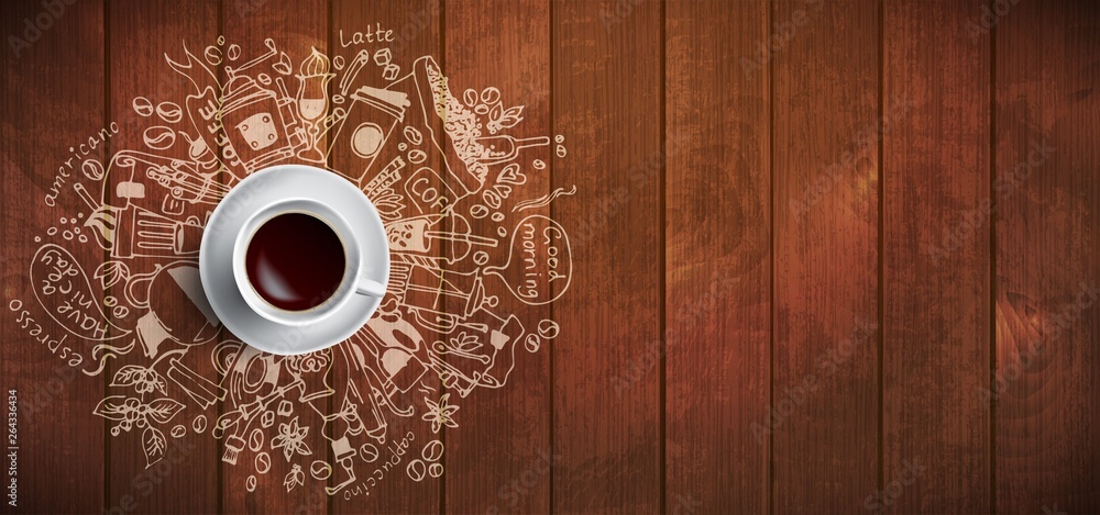 Φωτογραφία Coffee concept on wooden background - white coffee cup, top view with doodle illustration about coffee, beans, morning, espresso in cafe, breakfast