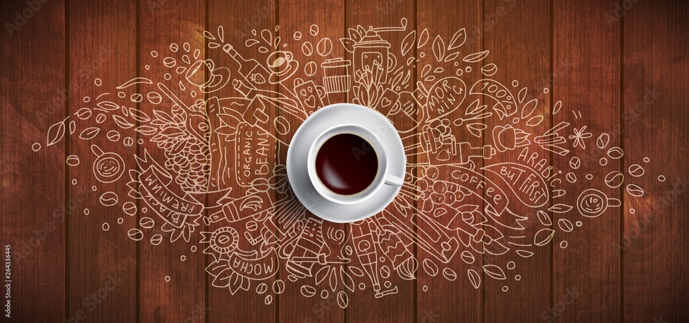 Φωτογραφία Coffee concept on wooden background - white coffee cup, top view with doodle illustration about coffee, beans, morning, espresso in cafe, breakfast