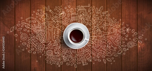 Coffee concept on wooden background - white coffee cup, top view with doodle illustration about coffee, beans, morning, espresso in cafe, breakfast. Morning coffee vector illustration. Hand draw and