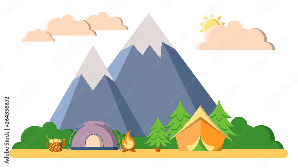 Summer camping, trekking and climbing vector landscape flat illustration. Mountain, woods and forest, tents, camfire with clouds isolated on white background.