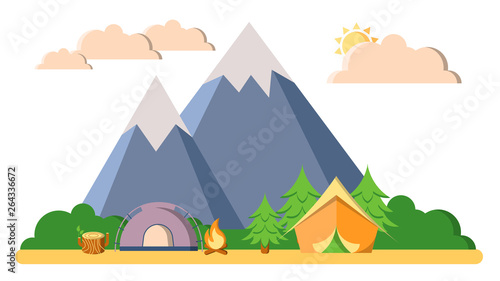 Fototapeta Naklejka Na Ścianę i Meble -  Summer camping, trekking and climbing vector landscape flat illustration. Mountain, woods and forest, tents, camfire with clouds isolated on white background.