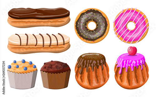 Sweet desserts set. Tasty food. Pastry or bakery. Eclair, donut, muffin. Chocolate cakes with cream custard and berry. Vector illustration in flat style