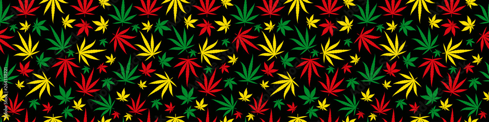 Rasta rectangular banner pattern seamless background. Reggae jamaican ornament. Marijuana leaf. Rastafarian cannabis hemp template fill. Vector clipart.