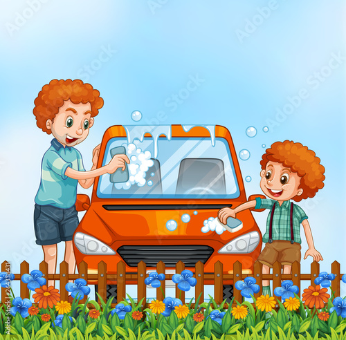 Father and son washing car