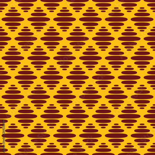 Abstract seamless pattern of regularly repeating brown smooth shapes on yellow background.