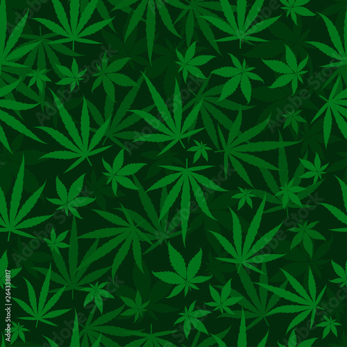 Marijuana green leaves on a deep dark green background. Rasta seamless repeat pattern. Cannabis hemp template fill. Vector flat square clipart.