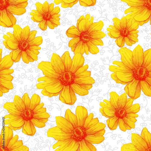 Watercolor colorful pattern with yellow anemone flowers on white background. Hand drawing Illustration