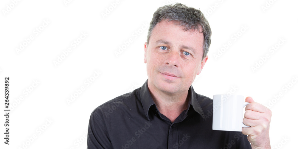smiling man holding cup of coffee in web template banner smiling man holding cup of coffee in web template banner