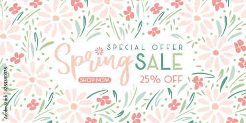Elegant Hand-Painted Spring Sale Promotion Horizontal Banner with Floral Wreath. Special Offer Social Media Graphics