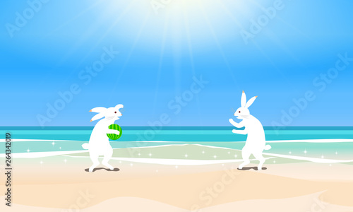 鳥獣戯画っぽいウサギが浜辺で遊ぶ