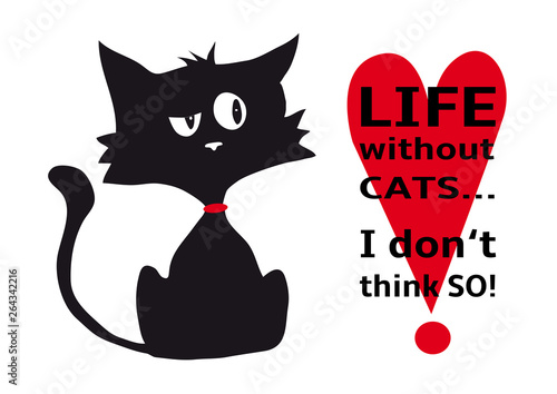 Cynical cat with quote Life without cats I dont think so, funny animal, isolated on white background, black and white