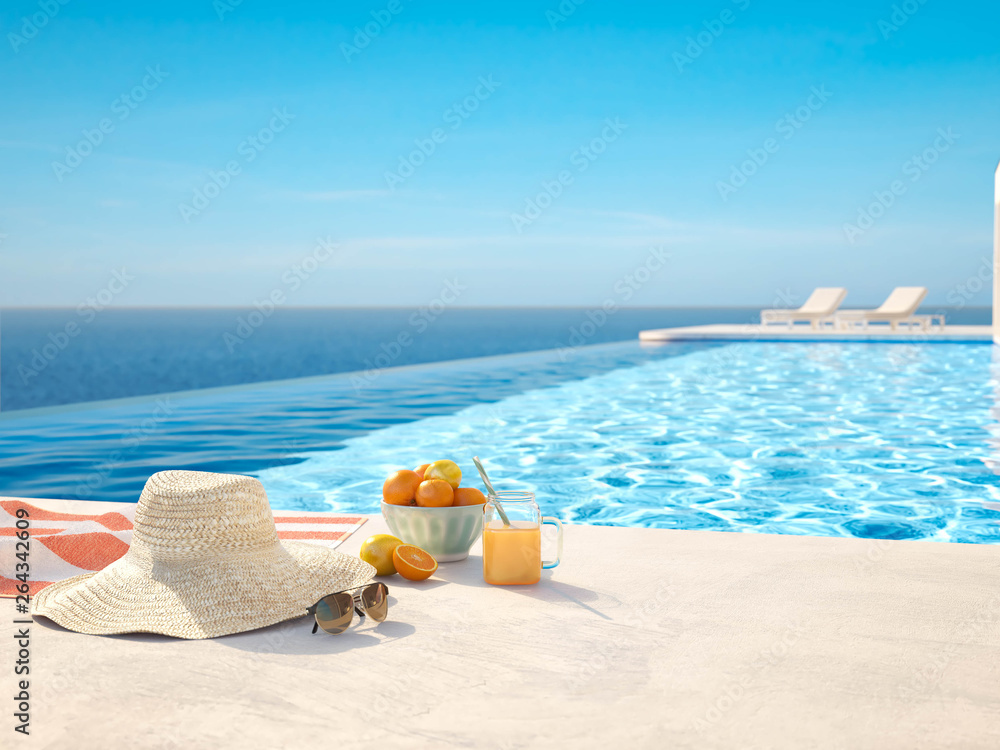 3D-Illustration. modern luxury infinity pool with summer accessoires - obrazy, fototapety, plakaty 