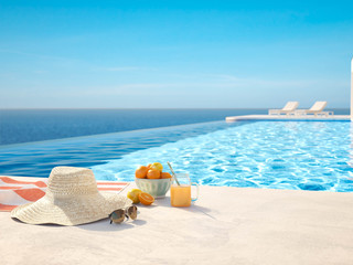 3D-Illustration. modern luxury infinity pool with summer accessoires