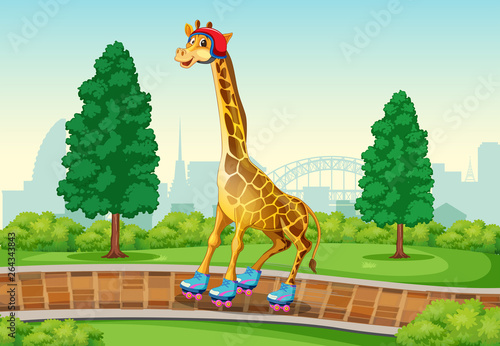 Giraffe playing roller skate in the park