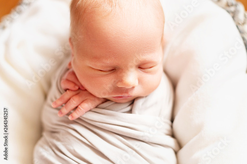 Cute caucasian newborn baby boy in the basket. Small hands. Portrait