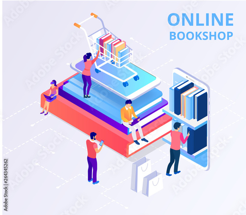 Online bookshop, library, web archive. Landing page template with 3d smartphone, books and customers.