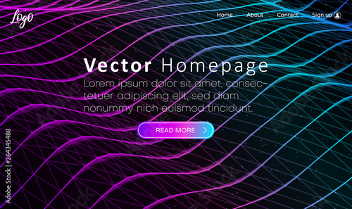Web homepage template with buttons and colorful abstract digital network pattern.