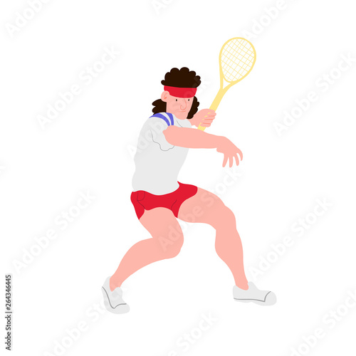 Tennis player. Tennis sportsman flat style. Guy in white tshirt and red shorts returns ball. Used for flyer, banner sporting events, packing sports goods. Vector illustration isolated object. © arsvik