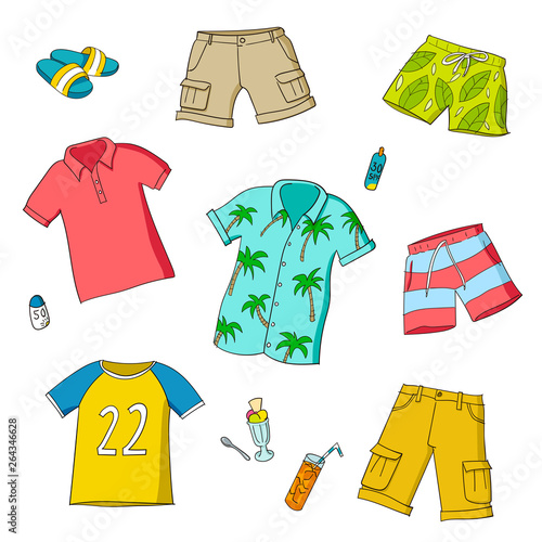 Summer men and boys clothes. Set of colorful vector illustrations.