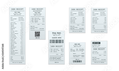 Set of receipt records, design template of bill ATM, paper financial check for mockup. . realistic payment paper bills for cash or credit card transaction. photo