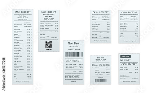 Set of receipt records, design template of bill ATM, paper financial check for mockup. . realistic payment paper bills for cash or credit card transaction.
