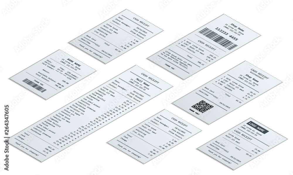 Obraz premium Isometric set of receipt records, design template of bill ATM, paper financial check for mockup. realistic payment paper bills for cash or credit card transaction.