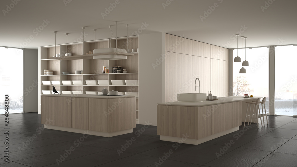 Minimalist luxury expensive white and wooden kitchen, island, sink and gas hob, open space, panoramic window, marble ceramic floor, modern interior design architecture concept idea Minimalist luxury expensive white and wooden kitchen, island, sink and gas hob, open space, panoramic window, marble ceramic floor, modern interior design architecture concept idea