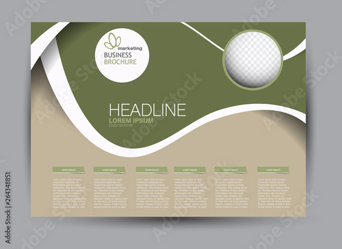 Green and brown landscape wide flyer or brochure template. Billboard abstract background design. Business, education, presentation, advertisement concept. Vector illustration.