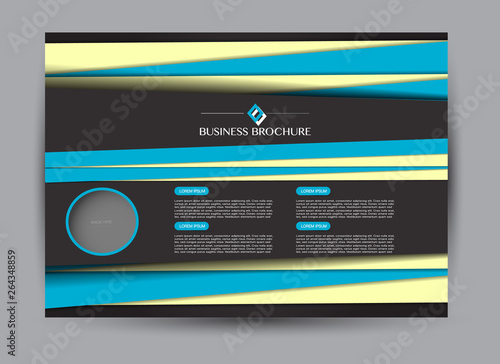 Blue, yellow, and black landscape wide flyer or brochure template. Billboard abstract background design. Business, education, presentation, advertisement concept. Vector illustration.