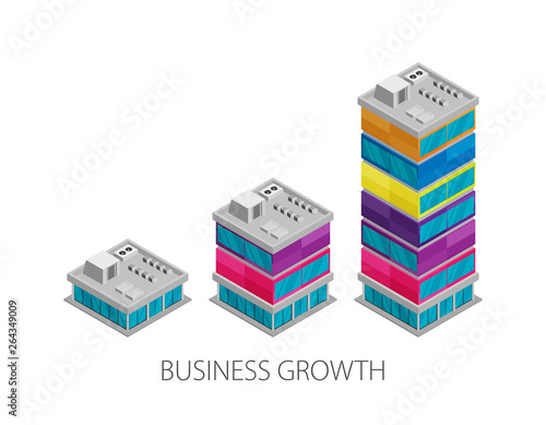  Growth of business. Buildings of company small, middle and big. Flat vector isometric