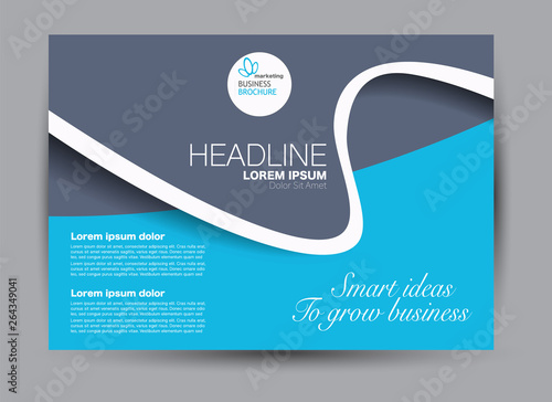 Landscape wide flyer template. Billboard banner abstract background design. Business, education, presentation, advertisement concept. Blue color. Vector illustration.