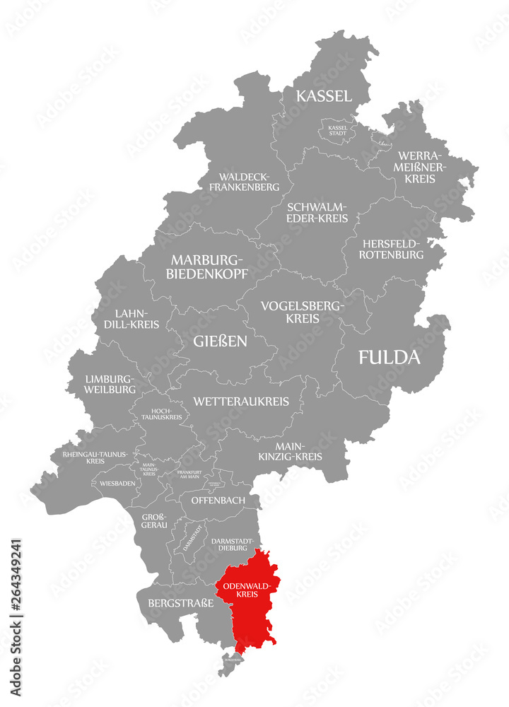 Odenwaldkreis county red highlighted in map of Hessen Germany
