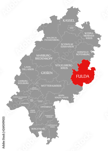 Fulda county red highlighted in map of Hessen Germany