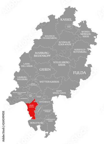 Gross-Gerau county red highlighted in map of Hessen Germany