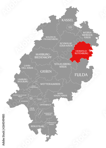 Hersfeld-Rotenburg county red highlighted in map of Hessen Germany