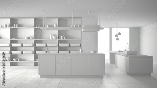 Total white project, without materials, of minimalist luxury expensive kitchen, island, sink and gas hob, open space, ceramic floor, modern interior design architecture concept idea