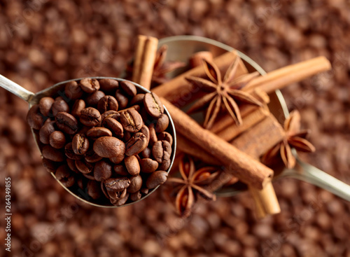 Spoons of coffee beans and anise with cinnamon. © Igor Normann