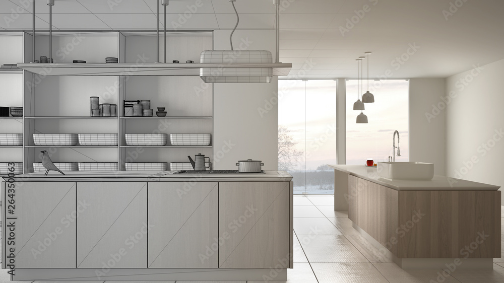 custom made wallpaper toronto digitalArchitect interior designer concept: unfinished project that becomes real, minimalist luxury expensive white and wooden kitchen, open space, modern interior design concept idea